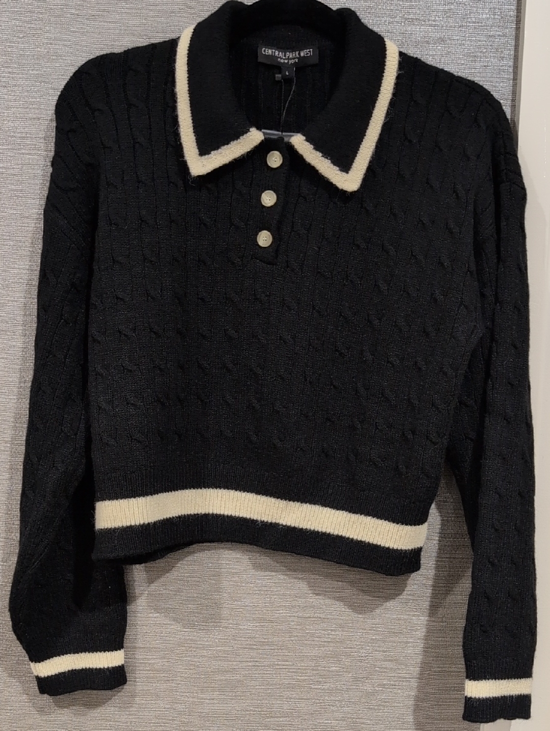 Central Park West Black Polo Cable Knit Sweater With Cream Trim